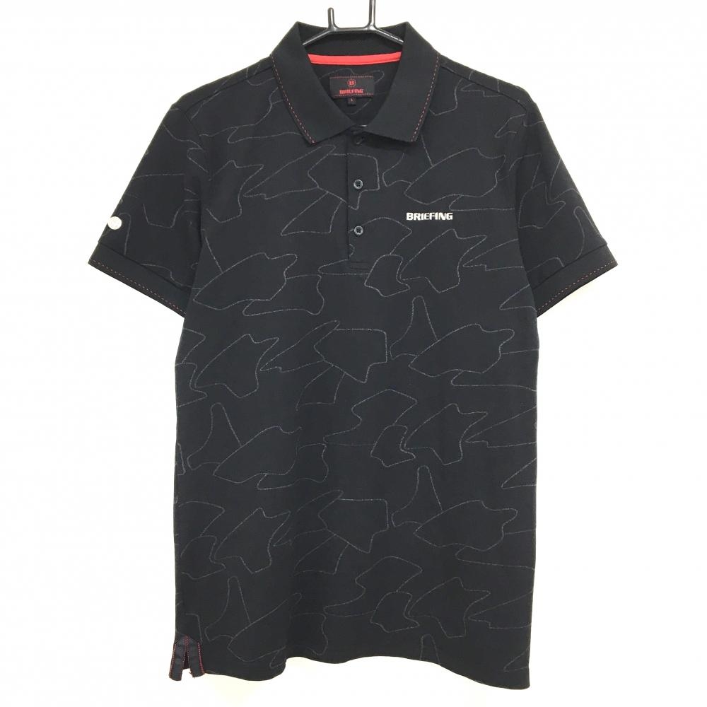 【美品】ブリーフィング 半袖ポロシャツ 黒×白 総柄 襟一部メッシュ ステッチ メンズ L ゴルフウェア BRIEFING