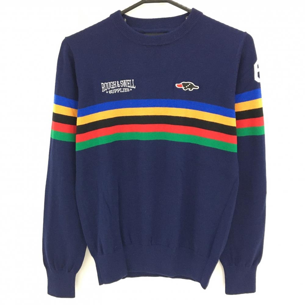 【超美品】ラフアンドスウェル セーター ネイビー×マルチカラー 胸元ライン ウール100％ ニット メンズ S ゴルフウェア rough＆swell