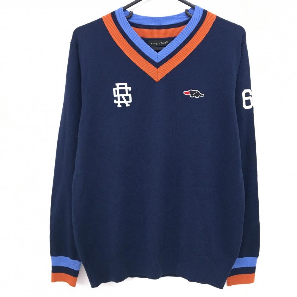 ラフアンドスウェル セーター ネイビー×オレンジ ネック袖口ライン Vネック ウール混 ニット  メンズ M ゴルフウェア rough＆swell