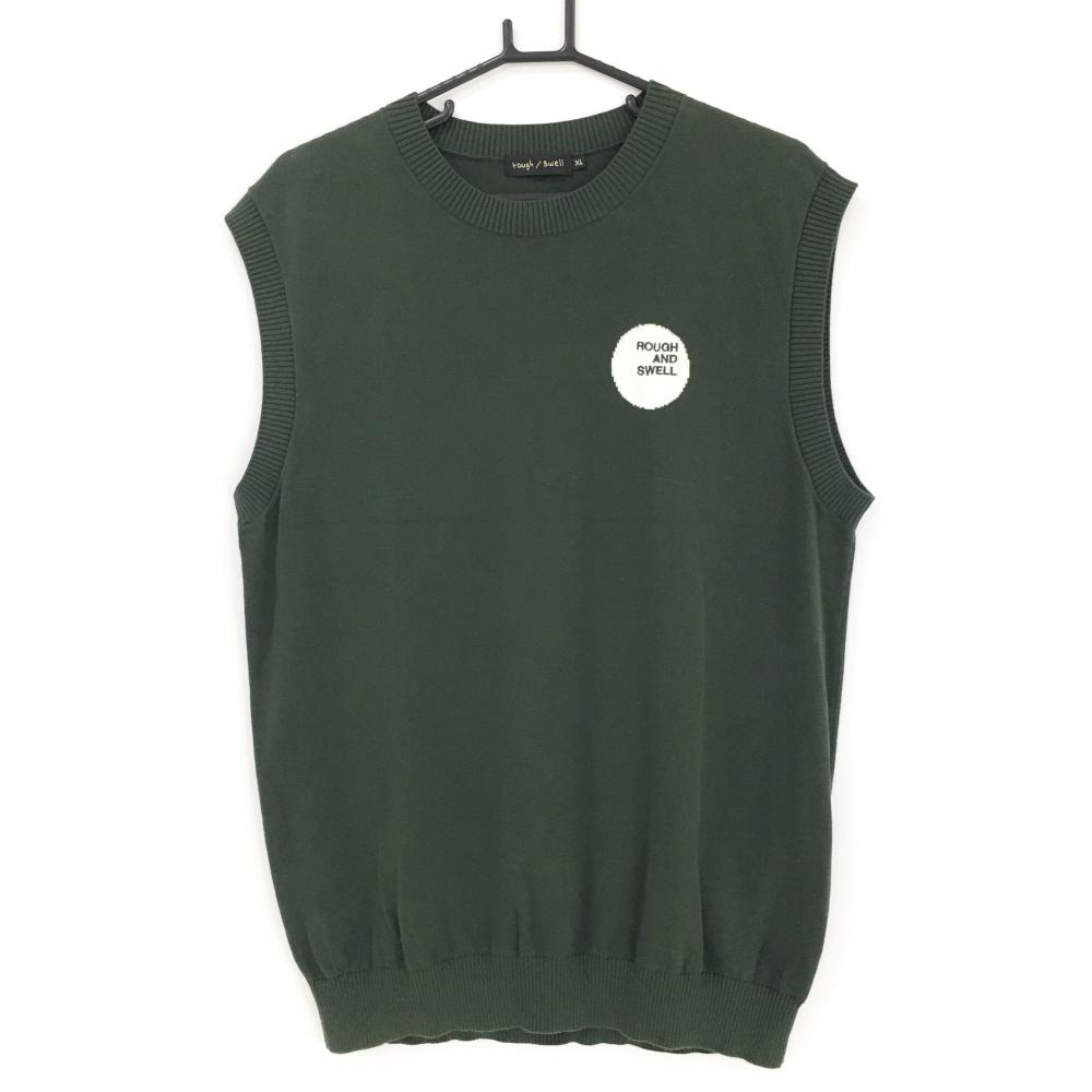 【超美品】ラフアンドスウェル ニットベスト ダークグリーン×白系 胸ロゴ 綿100%  メンズ XL ゴルフウェア 2024年モデル rough＆swell