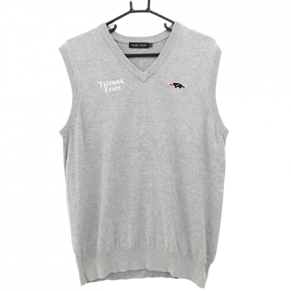 【美品】ラフアンドスウェル ニットベスト 杢グレー 胸ロゴ 綿100% Vネック メンズ L ゴルフウェア rough＆swell