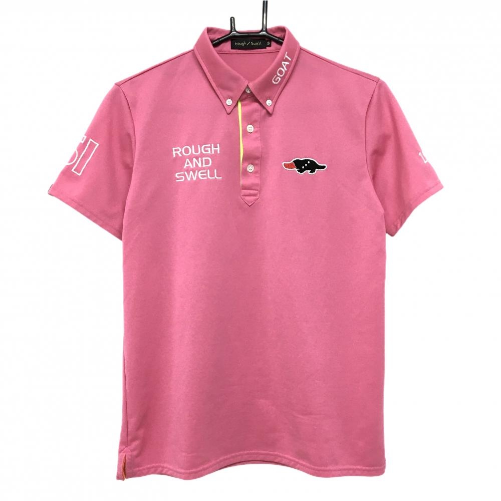 【超美品】ラフアンドスウェル 半袖ポロシャツ ピンク ロゴ刺しゅう ボタンダウン メンズ S ゴルフウェア rough＆swell
