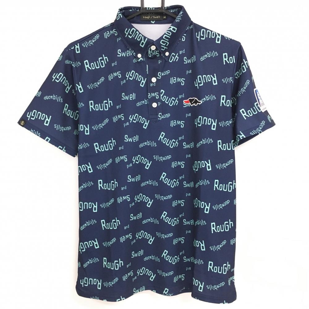 【美品】ラフアンドスウェル 半袖ポロシャツ ネイビー×ライトグリーン ロゴ総柄  メンズ M ゴルフウェア 2023年モデル rough＆swell