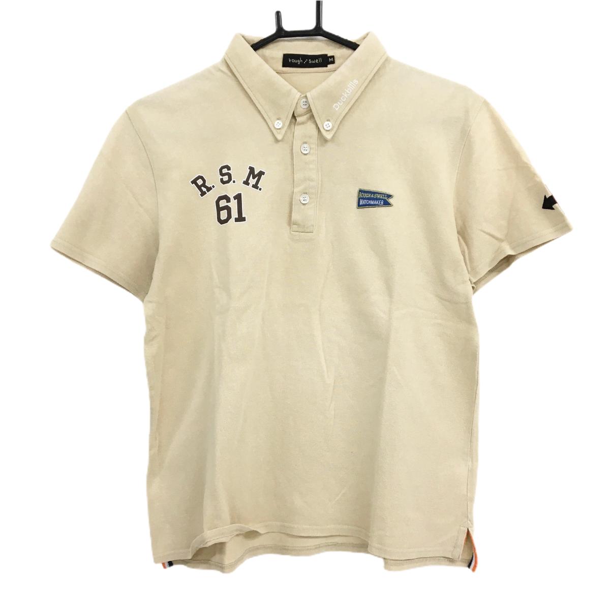 ラフアンドスウェル 半袖ポロシャツ ベージュ 刺しゅうワッペン ボタンダウン メンズ M ゴルフウェア rough＆swell