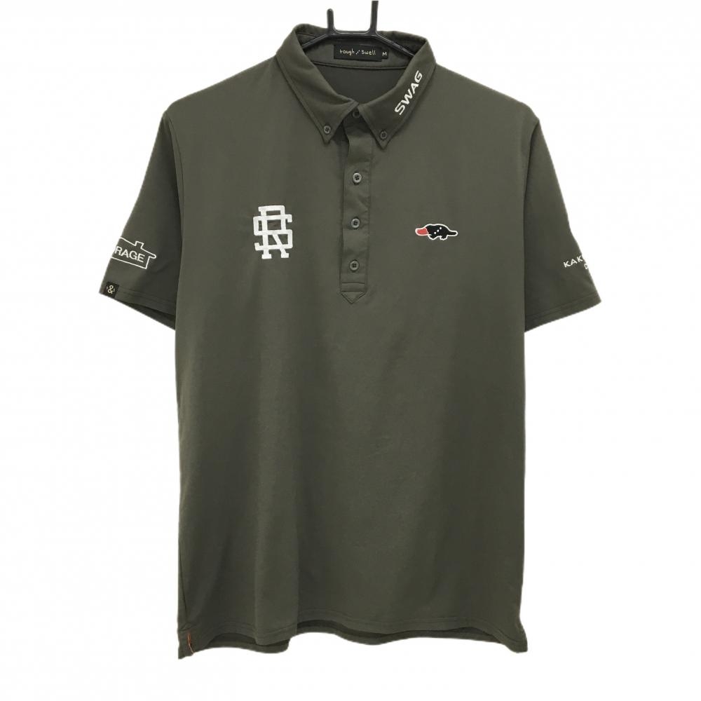 【超美品】ラフアンドスウェル 半袖ポロシャツ カーキ 柿の木坂コーヒー ボタンダウン メンズ M ゴルフウェア rough＆swell