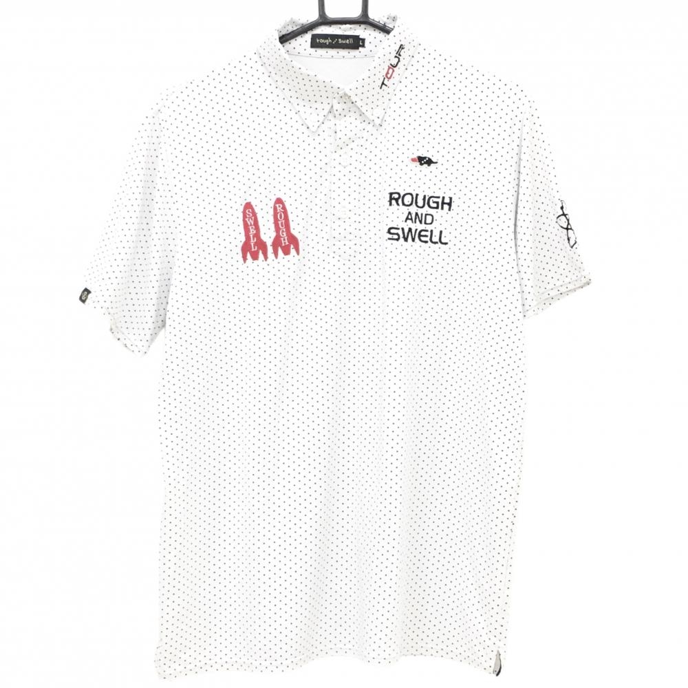 【美品】ラフアンドスウェル 半袖ポロシャツ 白×黒 ドット ロケット刺しゅう ボタンダウン メンズ L ゴルフウェア rough＆swell