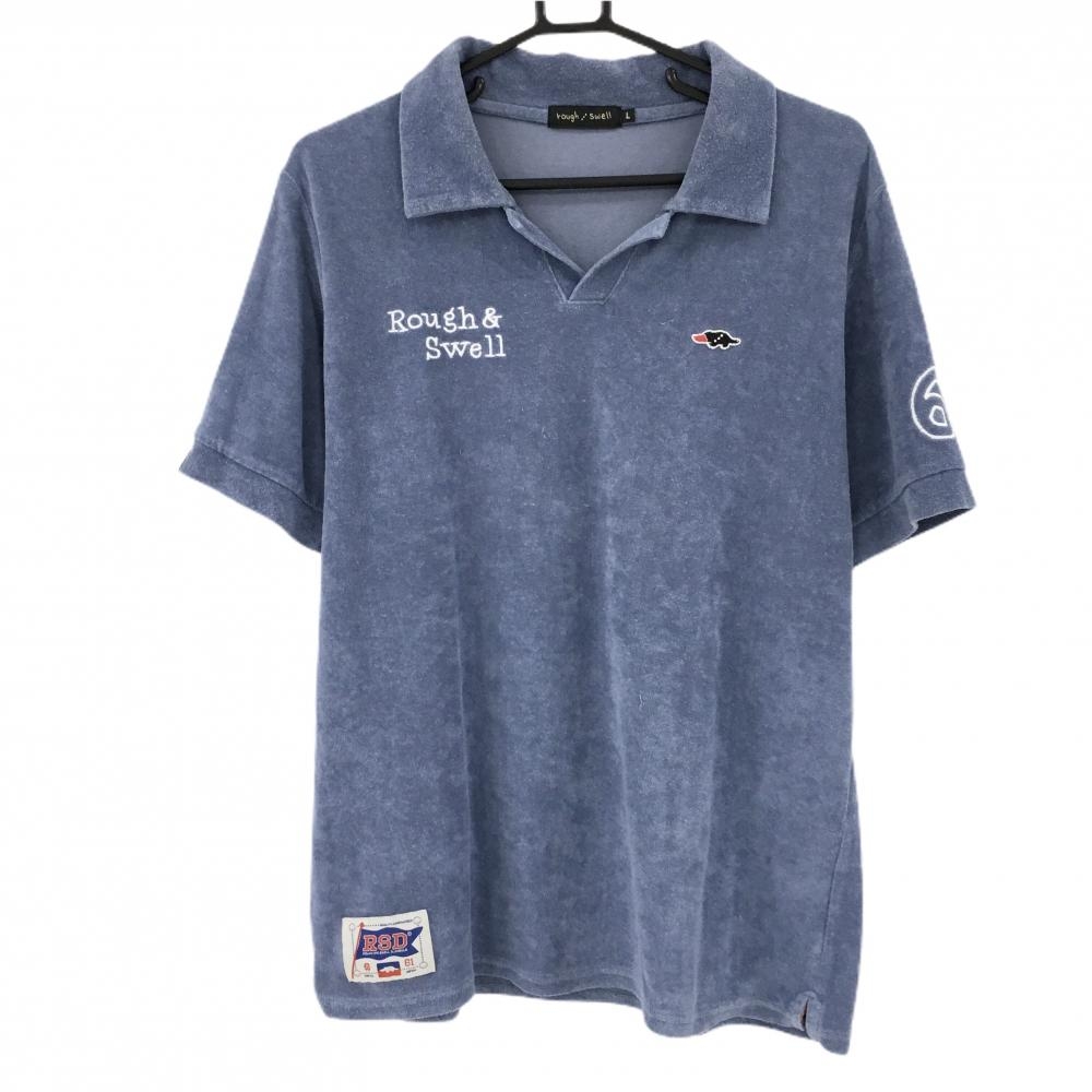 ラフアンドスウェル 半袖スキッパーシャツ スモーキーブルー×白 パイル地 胸ロゴ  メンズ L ゴルフウェア rough＆swell
