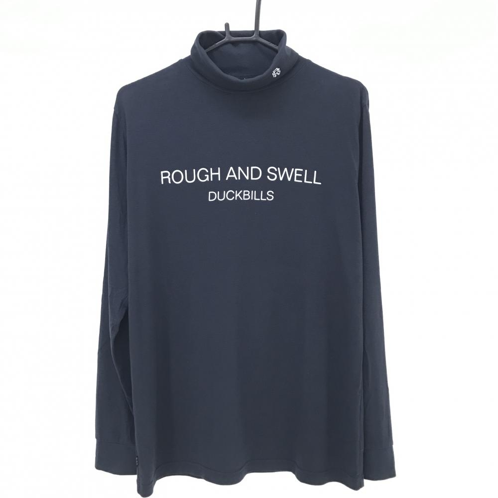 【美品】ラフアンドスウェル 長袖ハイネックシャツ ネイビー×白 フロントロゴ  メンズ L ゴルフウェア rough＆swell