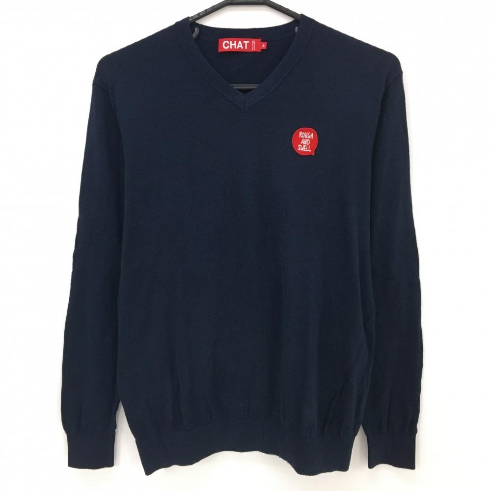 チャットバイラフアンドスウェル セーター ネイビー×レッド CHAT 綿100％ Vネック 薄手 ニット メンズ S ゴルフウェア rough＆swell