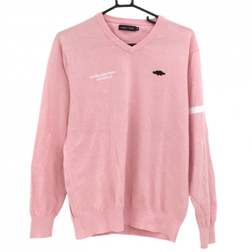 ラフアンドスウェル セーター ピンク×白 袖ラインコットン100％ ニット メンズ M ゴルフウェア rough＆swell