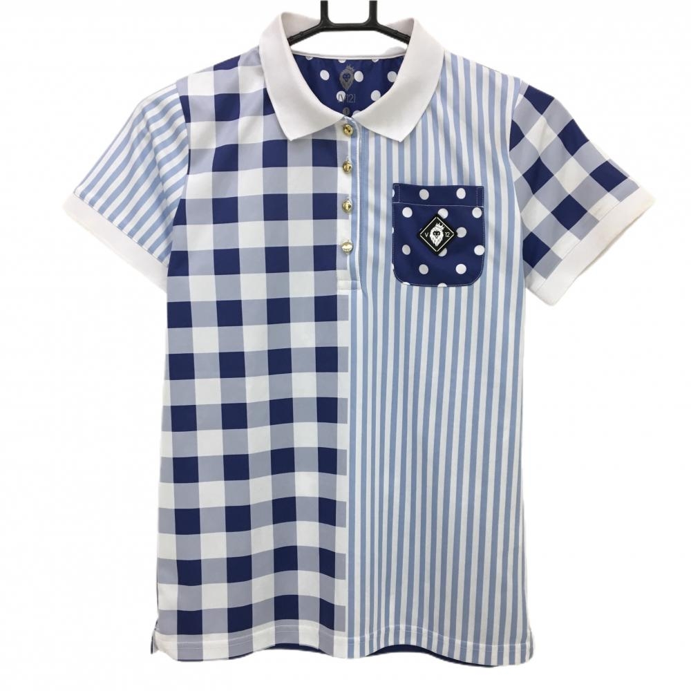 ヴィトゥエルヴ 半袖ポロシャツ 白×ネイビー 一部チェック ストライプ ドット  レディース 1(M) ゴルフウェア V12