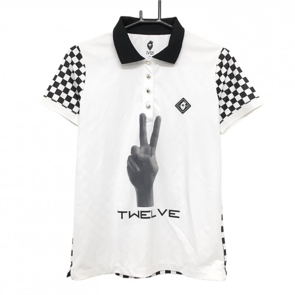 【超美品】ヴィトゥエルヴ 半袖ポロシャツ 白×黒 背面ブロックチェック ピース レディース 1(M) ゴルフウェア V12
