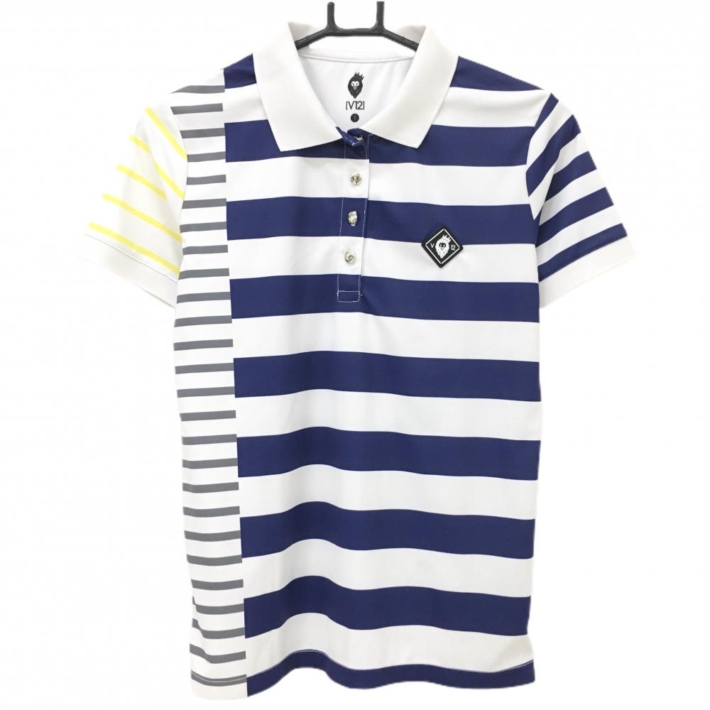 【美品】V12 半袖ポロシャツ 白×ネイビー ボーダー 襟薄汚れ レディース 1(M) ゴルフウェア V12