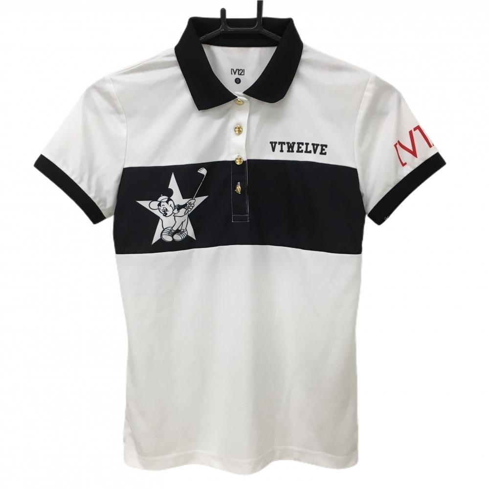 【美品】V12×Disney 半袖ポロシャツ 白×黒 胸ライン ミッキーマウス  レディース 0(S) ゴルフウェア V12