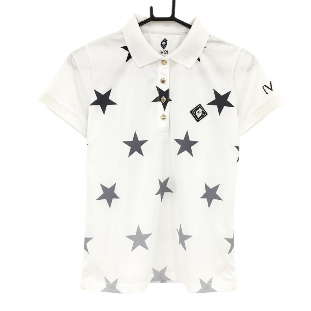 【超美品】V12 半袖ポロシャツ　白×ネイビー 星総柄 グラデーション シリコンワッペン レディース 0(S) ゴルフウェア V12