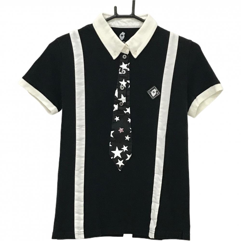 V12 長袖ポロシャツ 黒×白 シリコンロゴ  レディース 1(M) ゴルフウェア V12