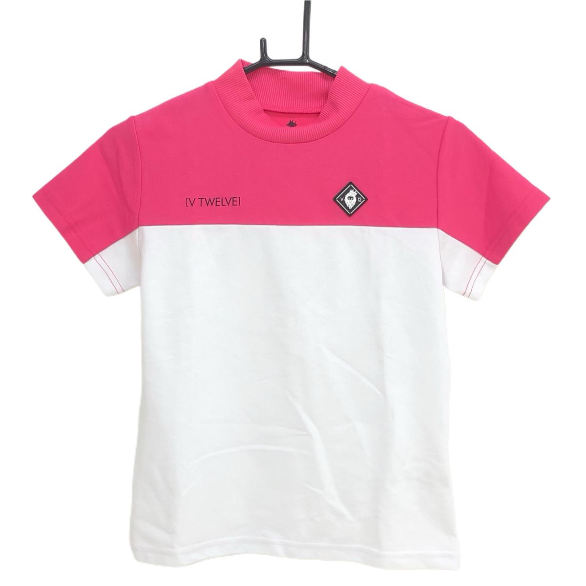 【超美品】ヴィトゥエルヴ 半袖ハイネックシャツ 白×ピンク バイカラー シリコンロゴ レディース 0(S) ゴルフウェア V12