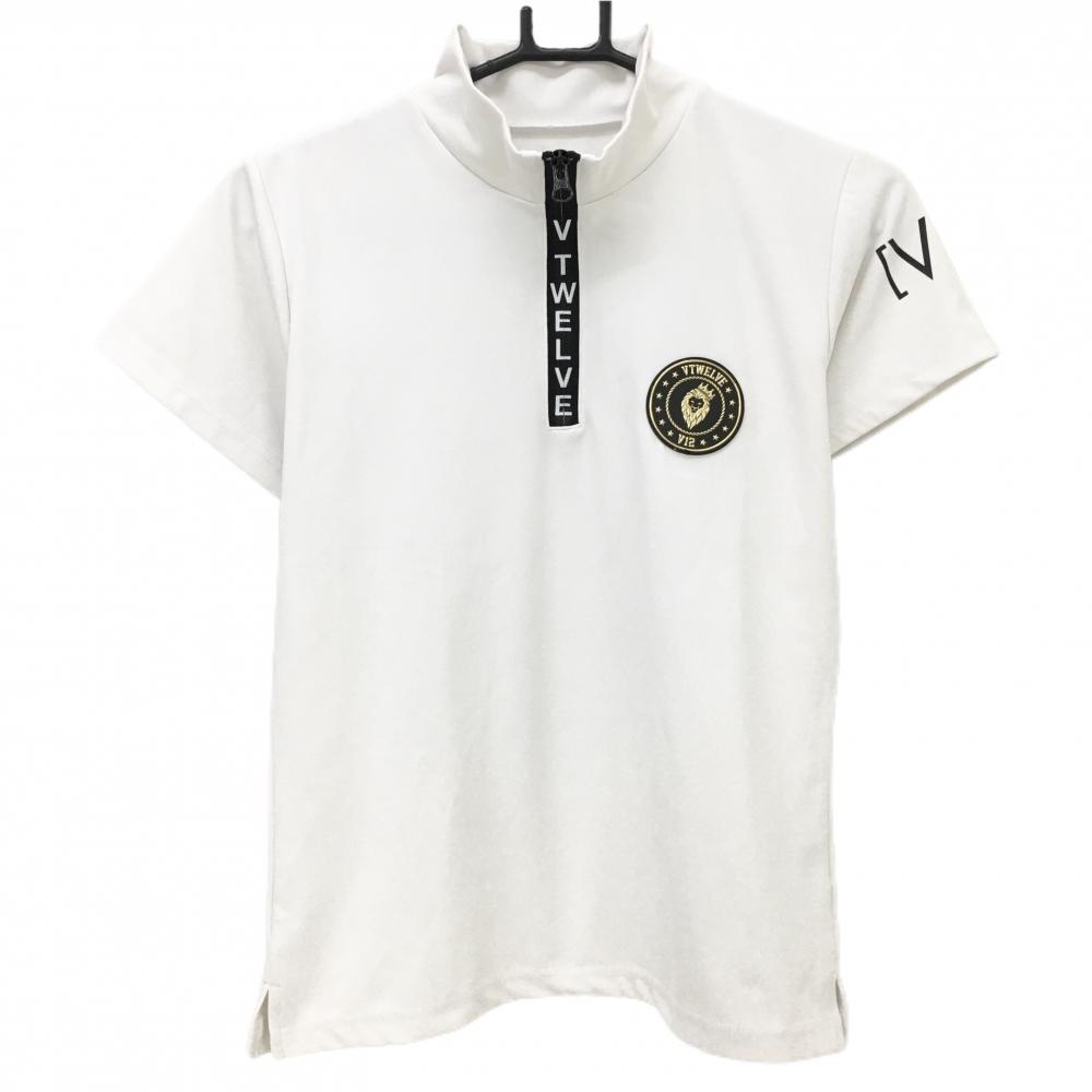 【美品】V12 半袖ハイネックシャツ 白×黒 ハーフジップロゴ シリコンワッペン レディース 0(S) ゴルフウェア V12