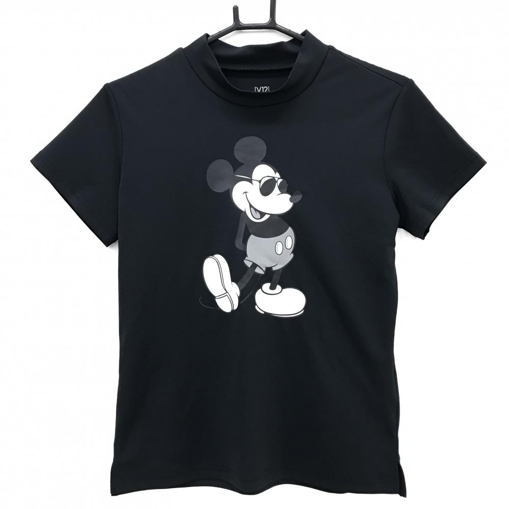 【超美品】V12×Disney 半袖ハイネックシャツ 黒 ミッキーマウス バックロゴ  レディース 0(S) ゴルフウェア V12