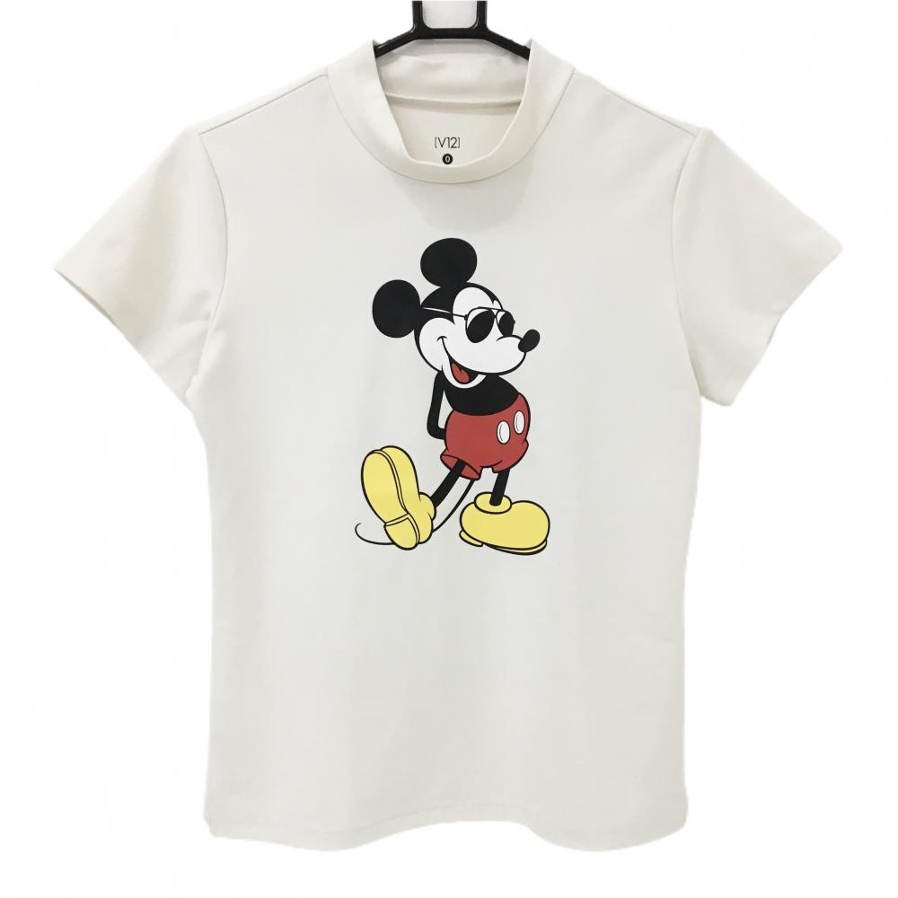 【美品】V12×Disney 半袖ハイネックシャツ 白×黒 ミッキー コラボ  レディース 0(S) ゴルフウェア V12