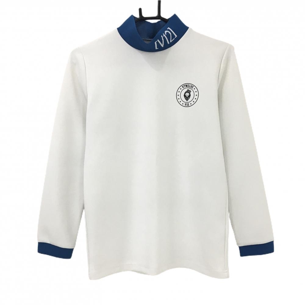 【超美品】V12 長袖ハイネックシャツ 白×ブルー 背面ロゴ  レディース 1(M) ゴルフウェア V12