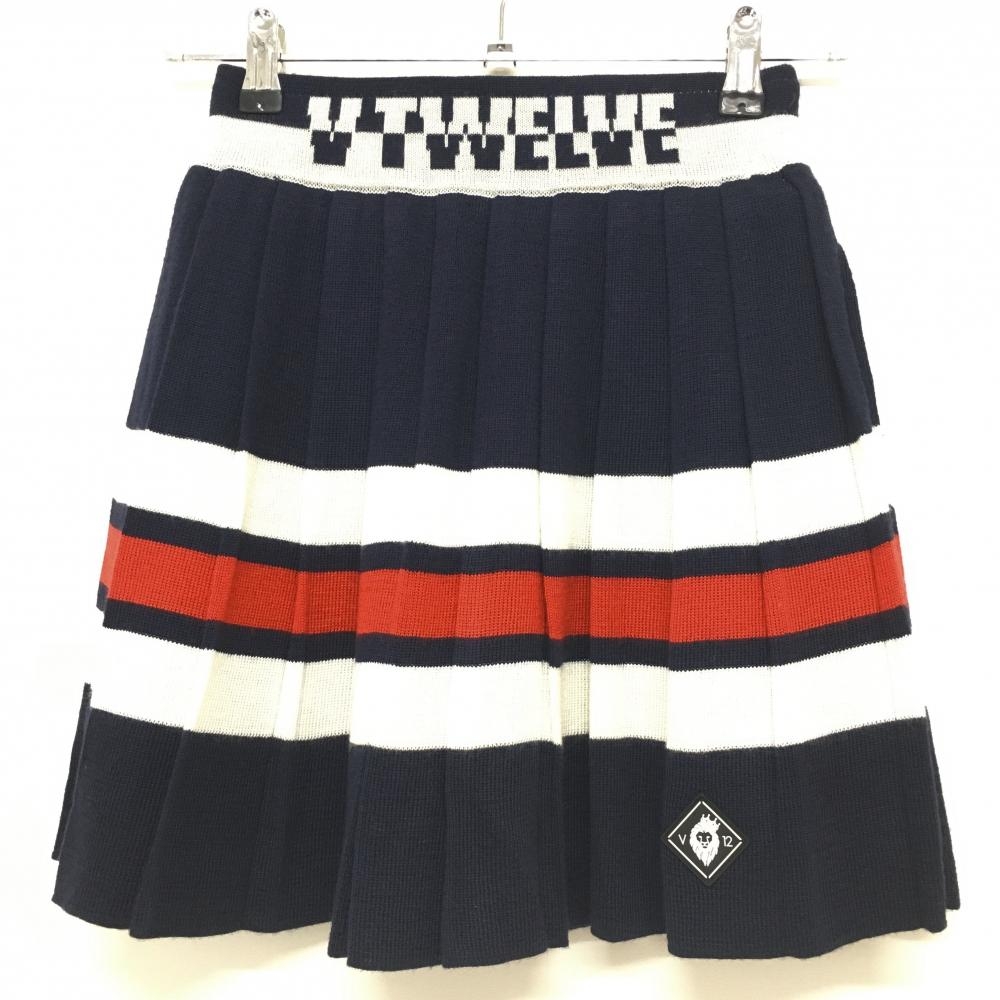 【超美品】ヴィトゥエルヴ ニットプリーツスカート ネイビー×白 ウエストゴム 裏地付 レディース 1(M) ゴルフウェア V12