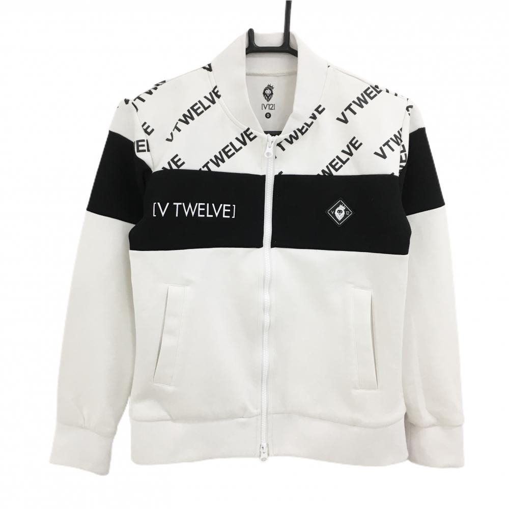 V12 ジャケットブルゾン 白×黒 上部英字ロゴ柄 ダンボールニット風 ダブルジップ レディース 0(S) ゴルフウェア V12