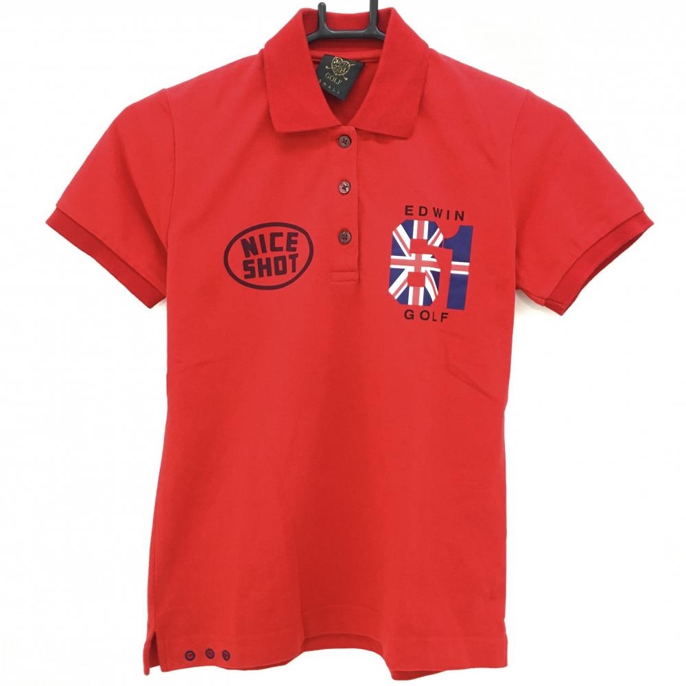 【美品】エドウィンゴルフ 半袖ポロシャツ レッド プリントロゴ レディース SMALL ゴルフウェア EDWIN GOLF
