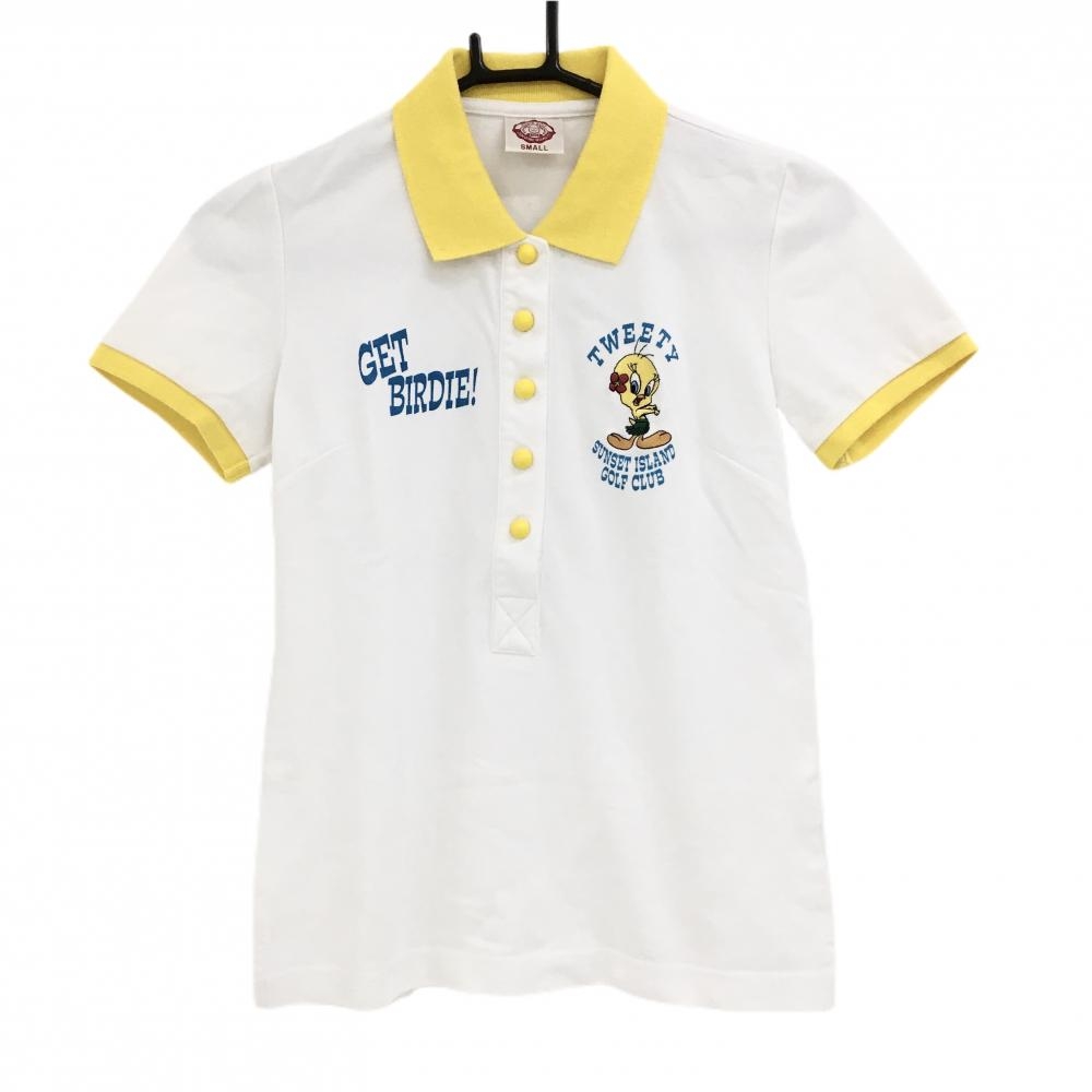 【美品】エドウィンゴルフ 半袖ポロシャツ 白×イエロー TWEETY コットン混 レディース SMALL ゴルフウェア EDWIN GOLF