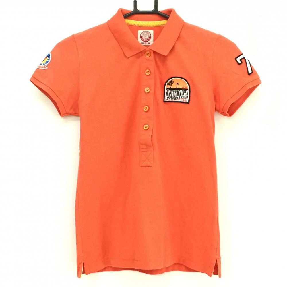 エドウィンゴルフ 半袖ポロシャツ オレンジ 複数ワッペン レディース MEDIUM ゴルフウェア EDWIN GOLF