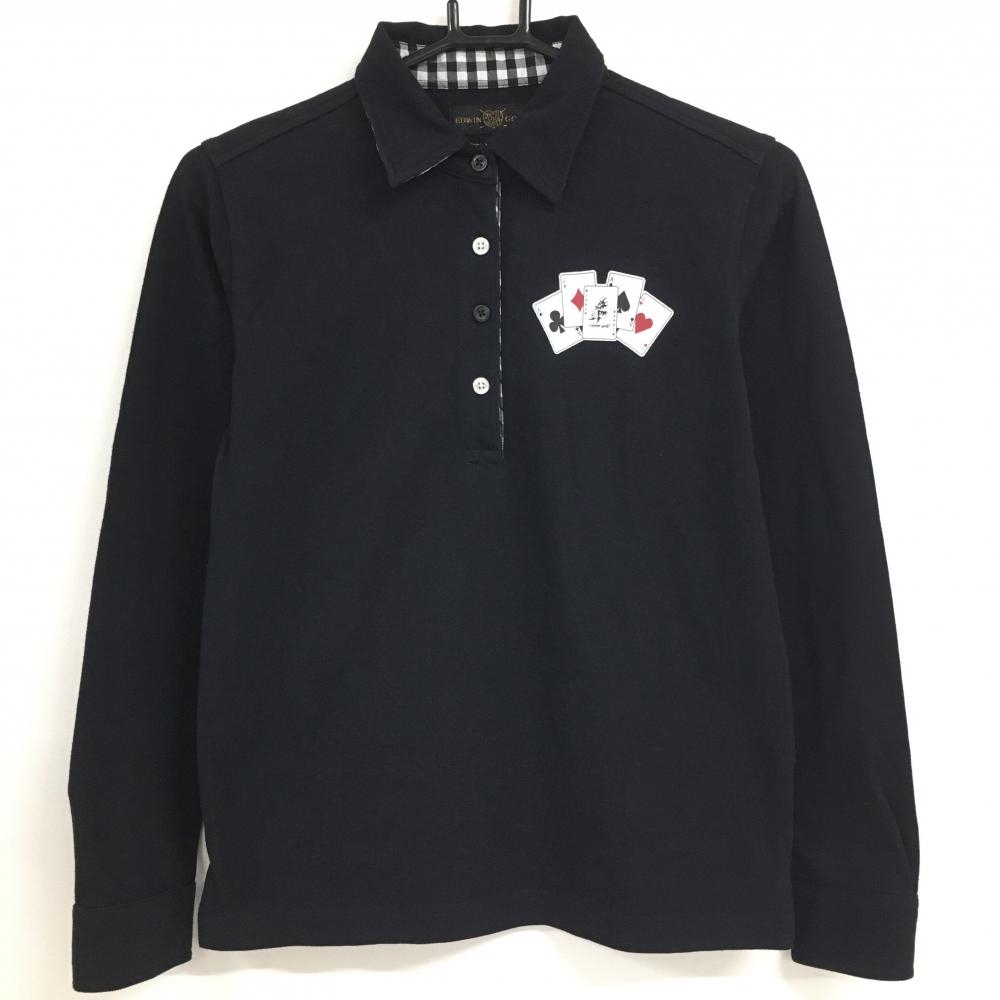 【美品】エドウィン 長袖ポロシャツ 黒×白 トランプ 一部内側チェック レディース M ゴルフウェア EDWIN GOLF