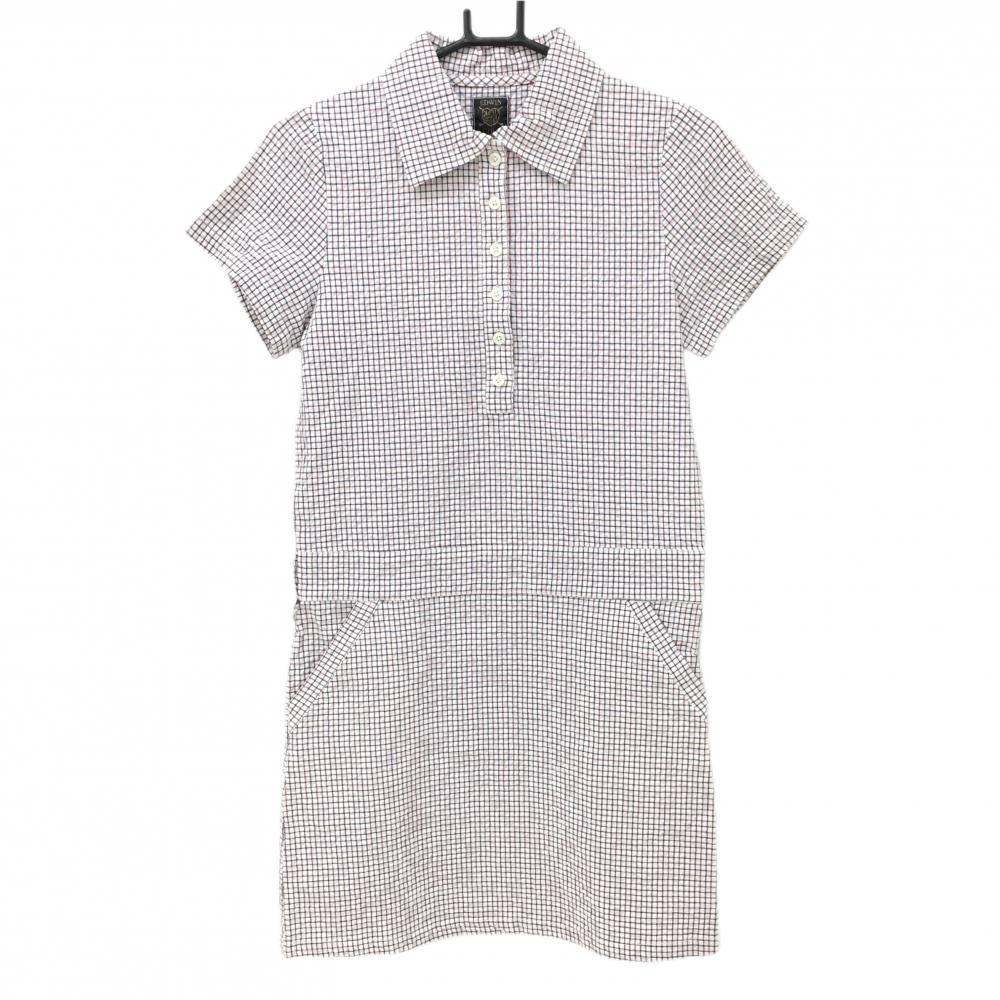 【美品】エドウィン 半袖ポロワンピース 白×レッド×ネイビー 格子柄  レディース S ゴルフウェア EDWIN GOLF