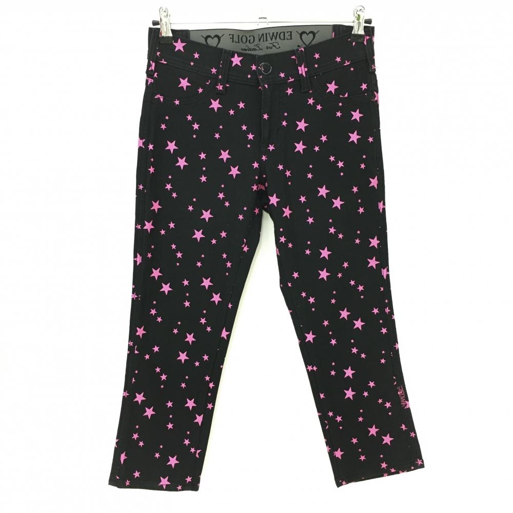 【美品】エドウィン 七分丈パンツ 黒×ピンク 星柄 ストレッチ フェイクポケット  レディース M ゴルフウェア EDWIN GOLF