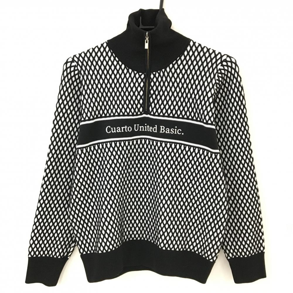 【超美品】クアルトユナイテッドベーシック ハイネックセーター 黒×白 ダイヤ柄 ハーフジップ  レディース M ゴルフウェア CUARTO UNITED