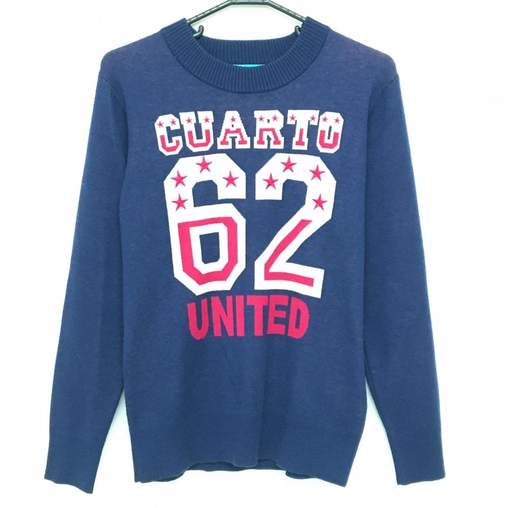 【美品】クアルトユナイテッド セーター ネイビー×レッドピンク ビッグナンバー ウール混 レディース M ゴルフウェア CUARTO UNITED