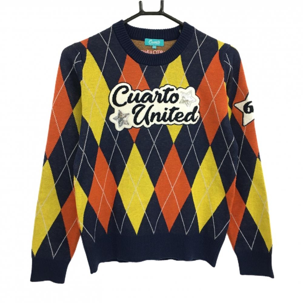 クアルトユナイテッド セーター ネイビー×イエロー アーガイル柄 パイルワッペン ウール混 レディース S ゴルフウェア CUARTO UNITED