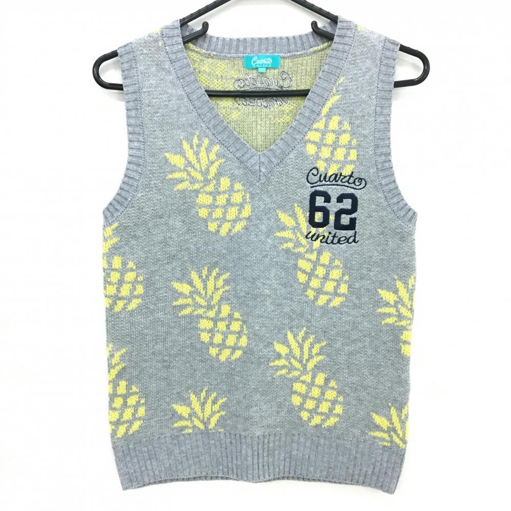 【超美品】クアルトユナイテッド ベスト ライトグレー×イエロー パイナップル総柄 ロゴ刺しゅう レディース M ゴルフウェア CUARTO UNITED