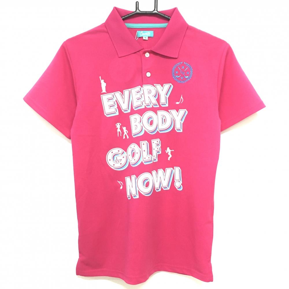 【新品】クアルトユナイテッド 半袖ポロシャツ ピンク×白 英文字プリント 吸汗速乾 レディース M ゴルフウェア CUARTO UNITED