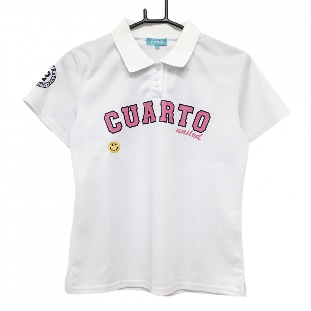 クアルトユナイテッド 半袖ポロシャツ 白×ピンク ニコちゃん刺しゅう レディース M ゴルフウェア CUARTO UNITED