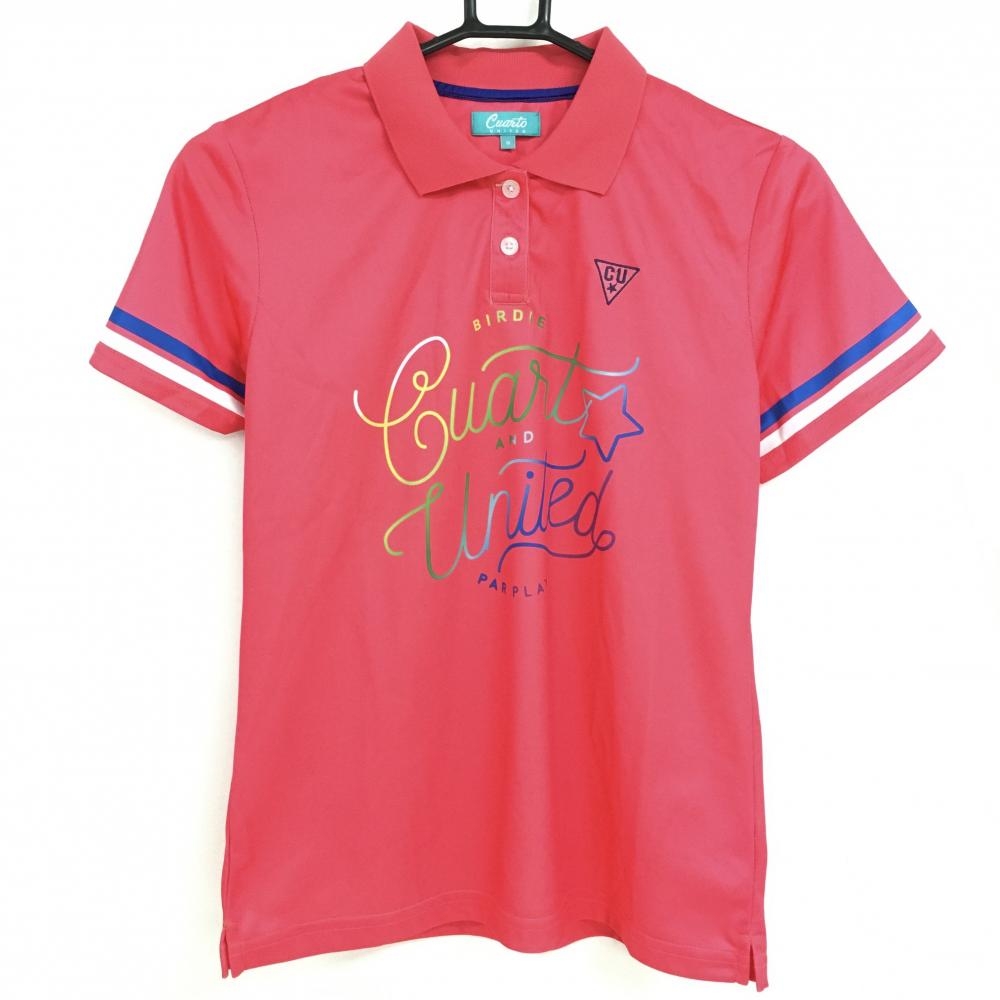 【超美品】クアルトユナイテッド 半袖ポロシャツ ピンク×ブルー 袖2ライン フロンとロゴ レディース M ゴルフウェア CUARTO UNITED