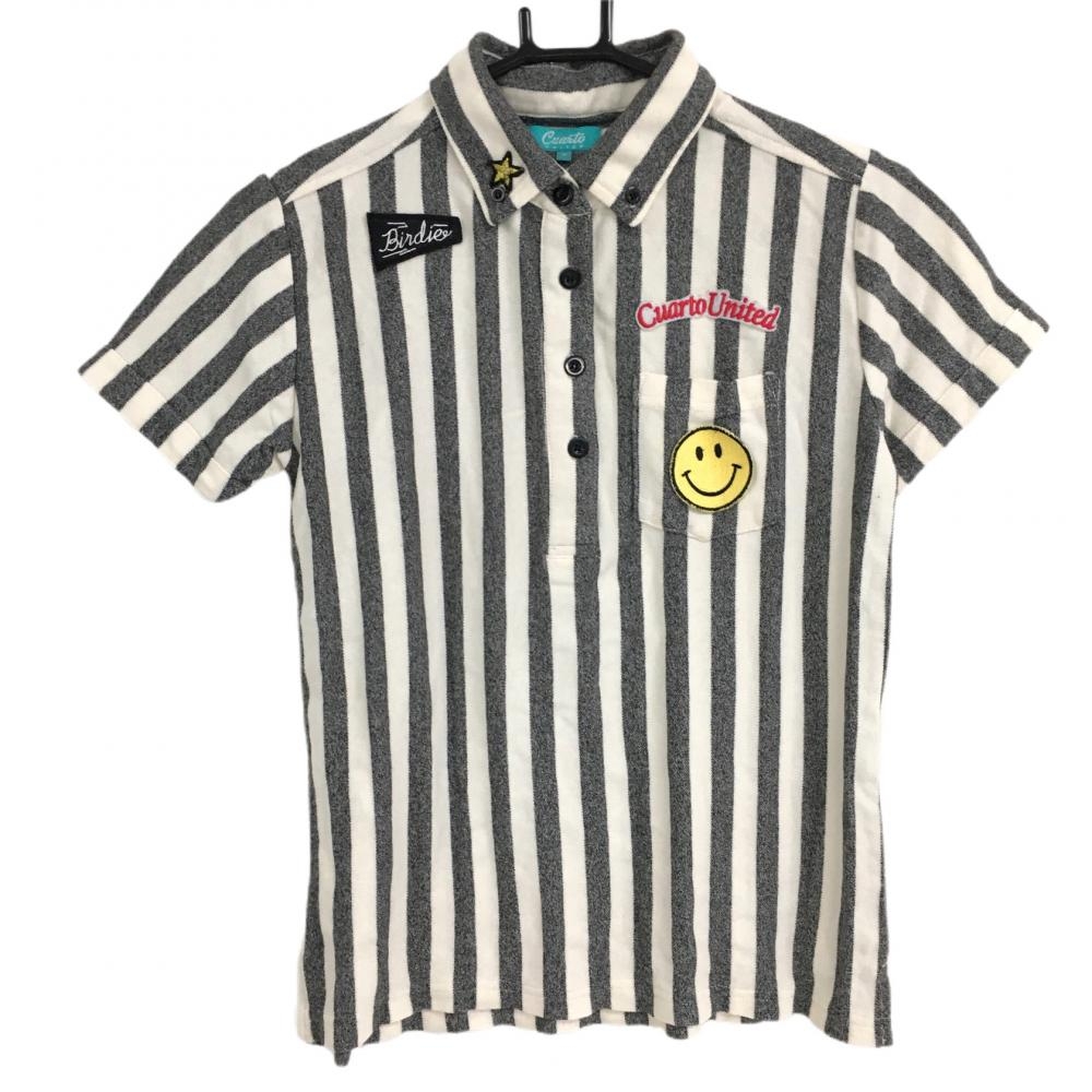 【美品】クアルトユナイテッド 半袖ポロシャツ 白×グレー ストライプ ニコちゃんワッペン レディース M ゴルフウェア CUARTO UNITED
