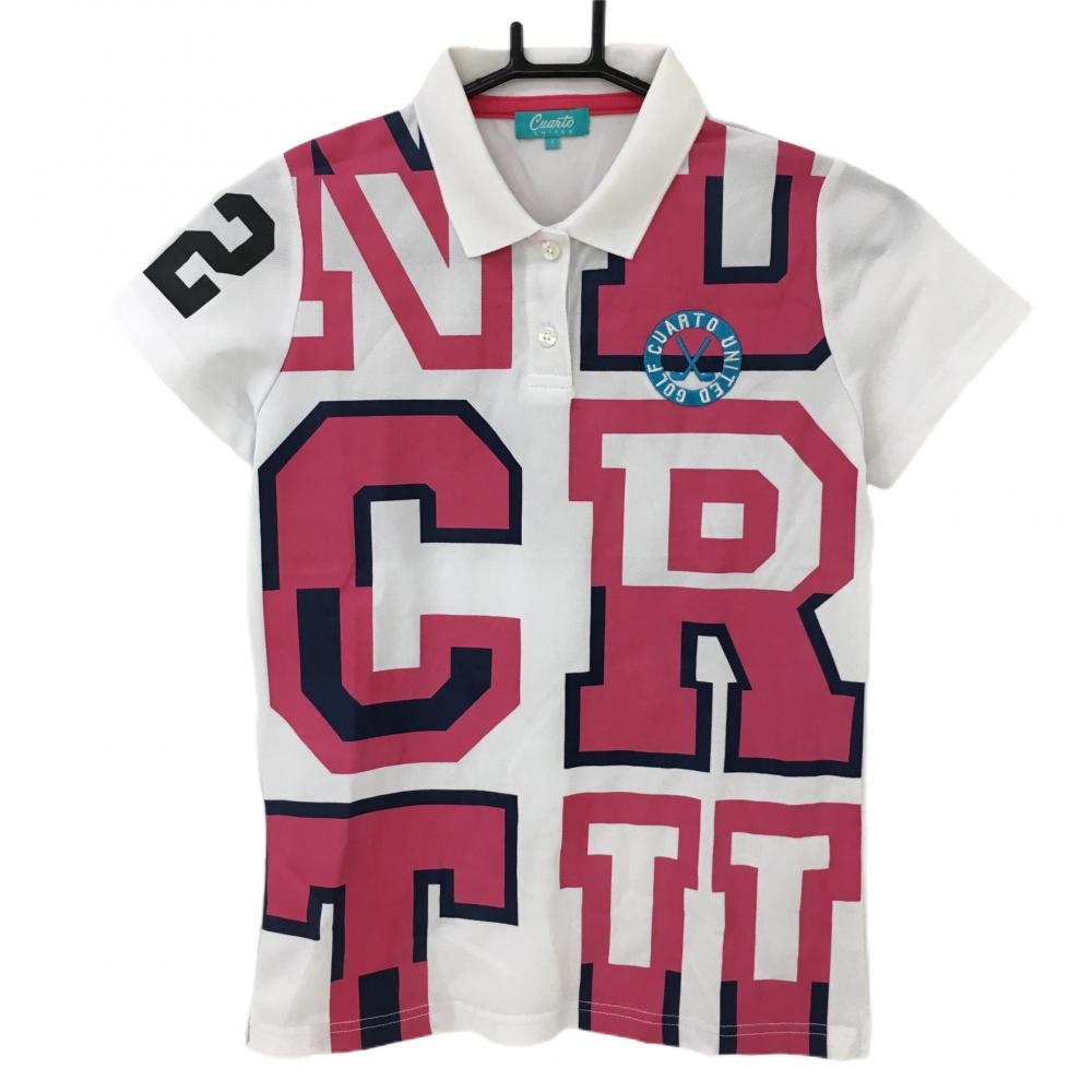 クアルトユナイテッド 半袖ポロシャツ 白×ピンク フロントビックプリント  レディース Ｓ ゴルフウェア CUARTO UNITED