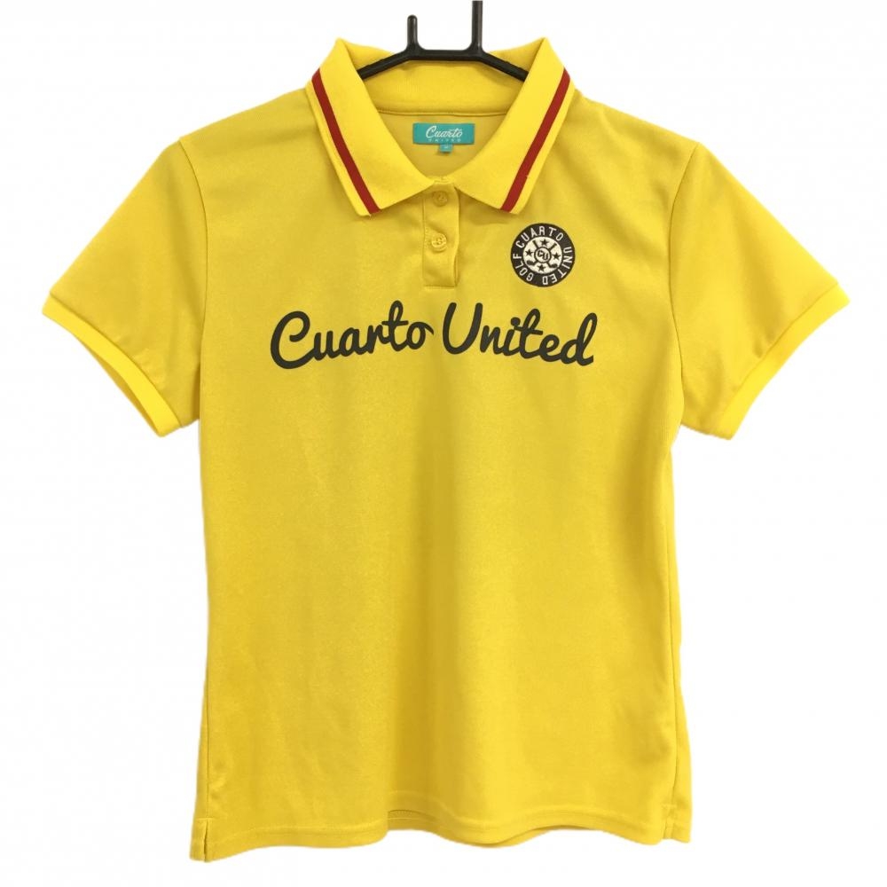 【美品】クアルトユナイテッド 半袖ポロシャツ イエロー×ネイビー バックプリント パイナップル レディース M ゴルフウェア CUARTO UNITED