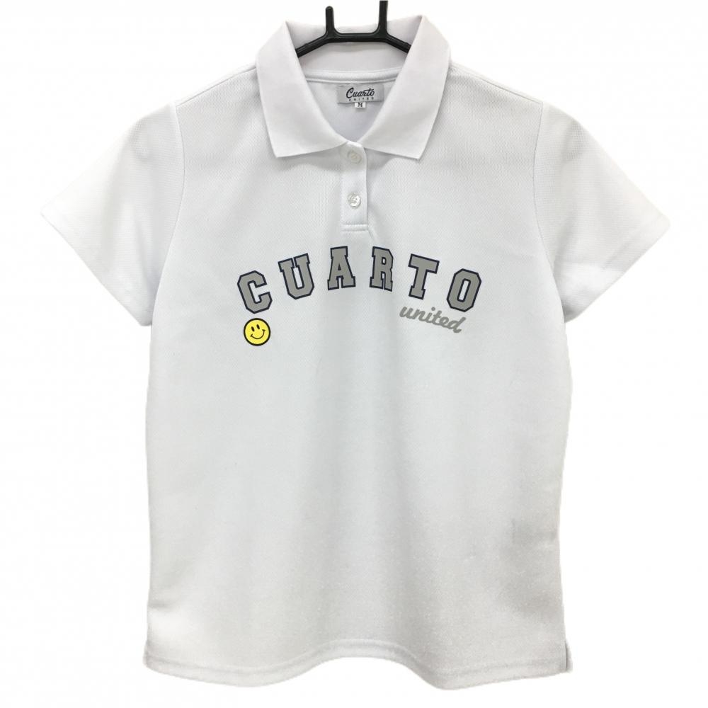 クアルトユナイテッド 半袖ポロシャツ 白 フロントロゴグレー レディース M ゴルフウェア CUARTO UNITED