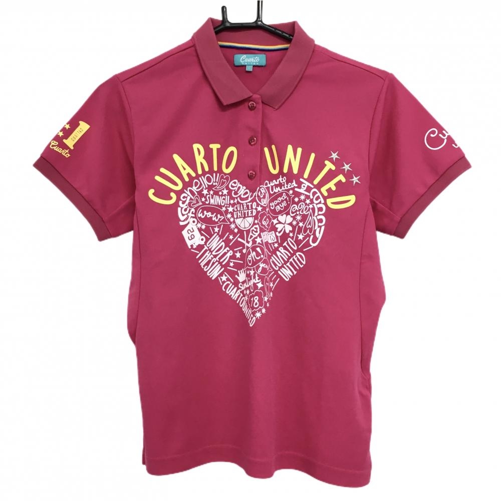 【超美品】クアルトユナイテッド 半袖ポロシャツ ピンク×白 フロントハート柄  レディース L ゴルフウェア CUARTO UNITED