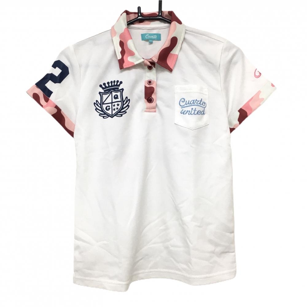 【美品】クアルトユナイテッド 半袖ポロシャツ 白×ピンク 一部カモフラ柄 胸ポケット レディース M ゴルフウェア CUARTO UNITED