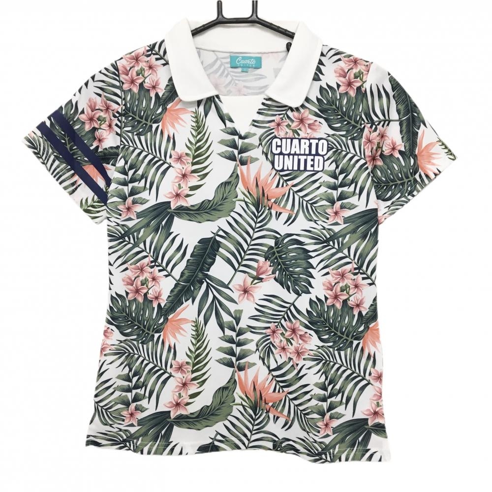 【美品】クアルトユナイテッド 襟付きTシャツ 白×グリーン リーフ・花柄 ロゴ レディース S ゴルフウェア CUARTO UNITED