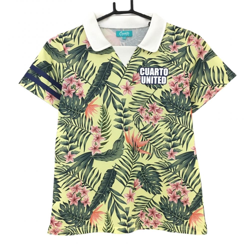 クアルトユナイテッド 襟付き半袖シャツ イエロー×グリーン 花 リーフ柄  レディース S ゴルフウェア CUARTO UNITED