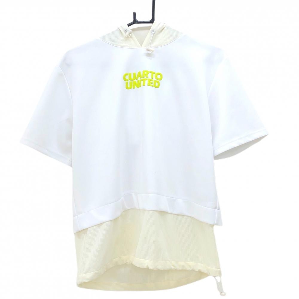【美品】クアルトユナイテッド フード付半袖シャツ 白×アイボリー フード・裾メッシュ生地  レディース L ゴルフウェア CUARTO UNITED