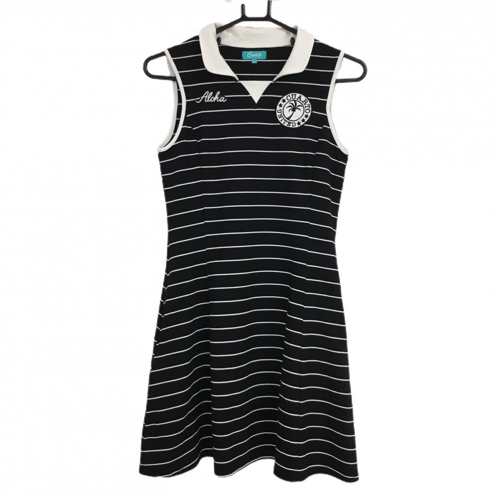 【美品】クアルトユナイテッド ノースリーブワンピース 黒×白 ボーダー 背面プリント レディース M ゴルフウェア CUARTO UNITED